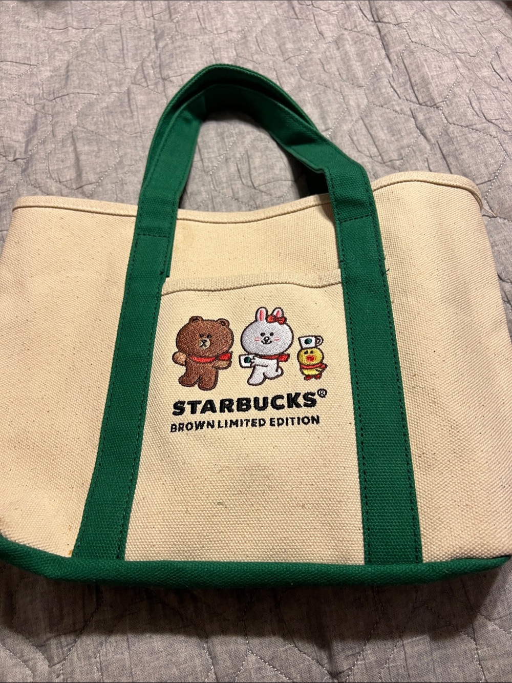 Starbucks Cream Canvas Tote with Green Trim and Character Embroidery